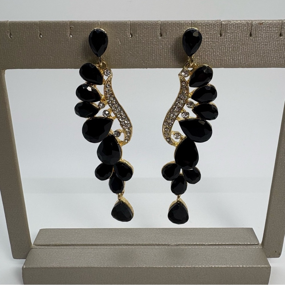 Chandelier Crystal Rhinestone Pageant Bridal Earrings Black Drop Dangle